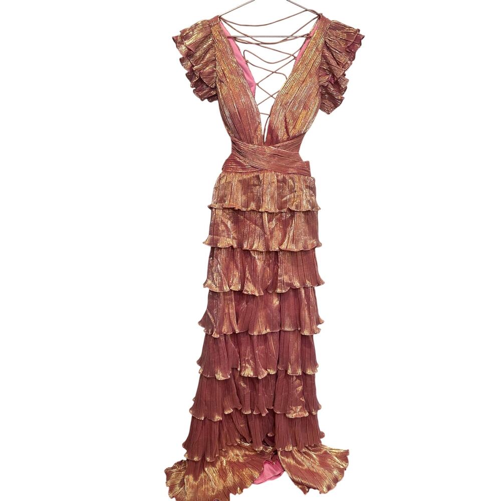 MAC DUGGAL Coral Pink Gold Ruffle Tiered Criss Cross Lace Up Back Gown Dress 2 - Picture 4 of 16